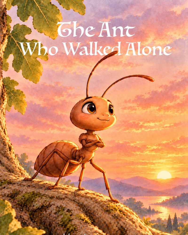 Cover of The Ant Who Walked Alone: a small ant standing on a root at sunset