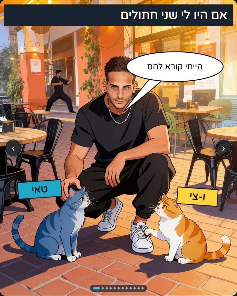 If I Had Cats: a man crouching between two cats outside a cafe