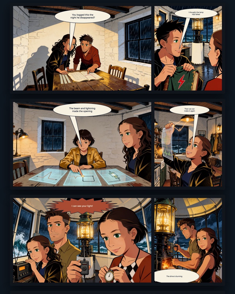 The Last Light: three rows of comic panels set in a lighthouse