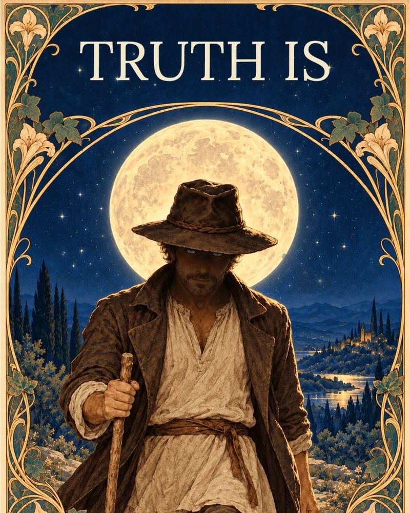 Cover of Truth Is: a man in a wide hat walking under a full moon